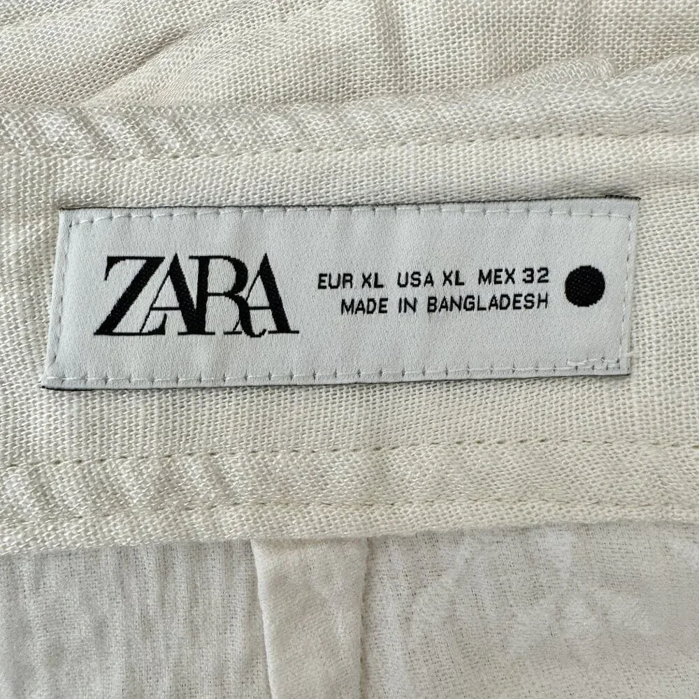 Zara Linen Blend Ivory / Light Cream High Rise Embroidered Wide Leg Pants XL